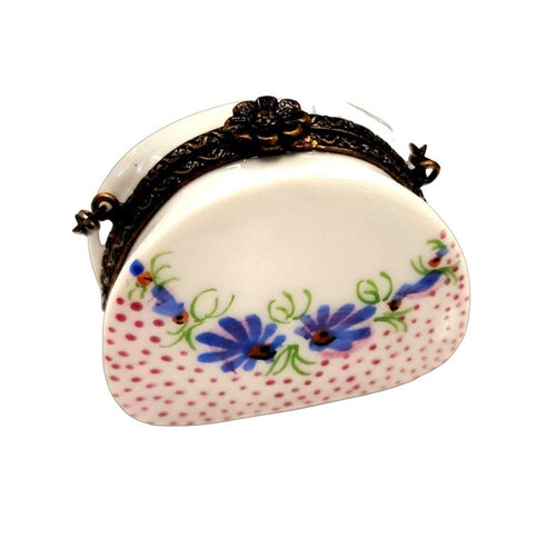 Pink Purse w Blue Flowers w Special Antiqued Brass - One of a Kind Hand Painted Limoges Box Porcelain Figurine-purse trinket box limoges-CHPU7