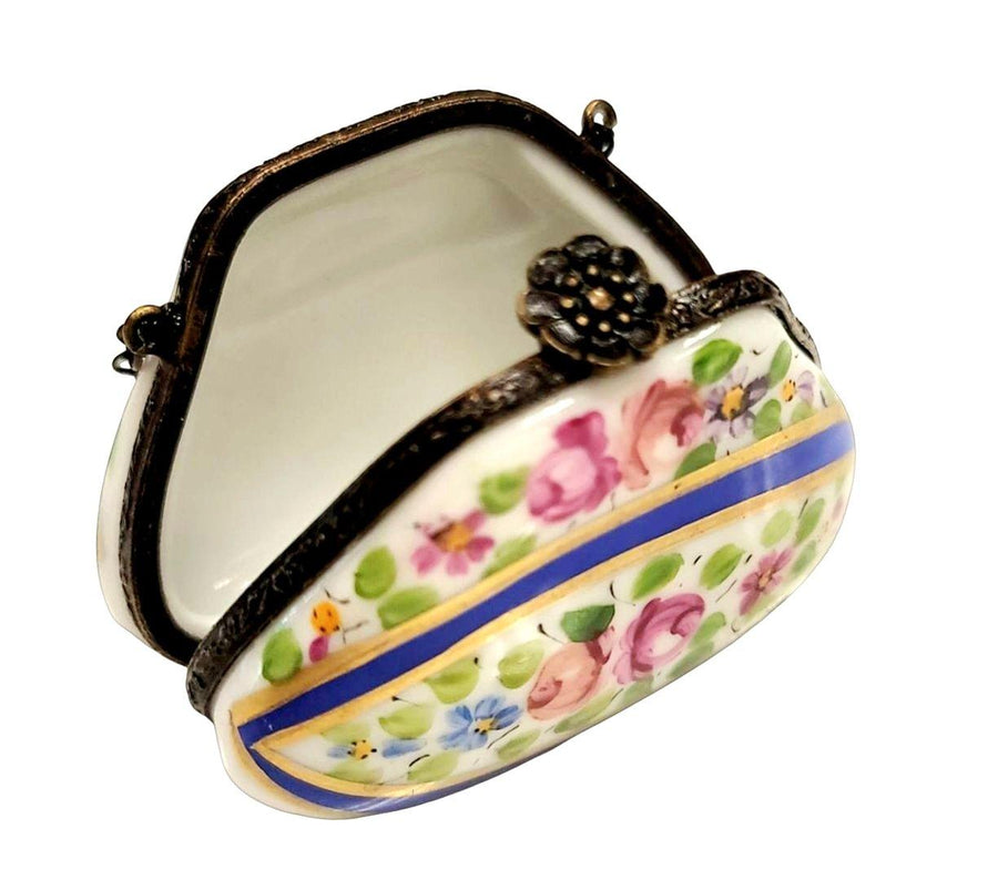 Purse Blue and Flower w Special Antiqued Brass - One of a Kind Hand Painted Limoges Box Porcelain Figurine-purse trinket box limoges-CHPU27