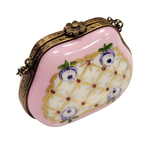 Purse Gold Pink Purple Flowers w Special Antiqued Brass - One of a Kind Hand Painted Limoges Box Porcelain Figurine-purse trinket box limoges-CHPU33