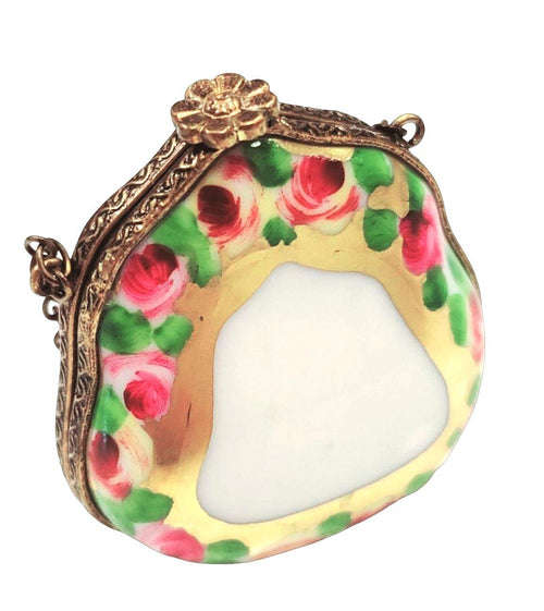 Purse Gold Roses w Special Antiqued Brass - One of a Kind Hand Painted Limoges Box Porcelain Figurine-purse trinket box limoges-CHPU23