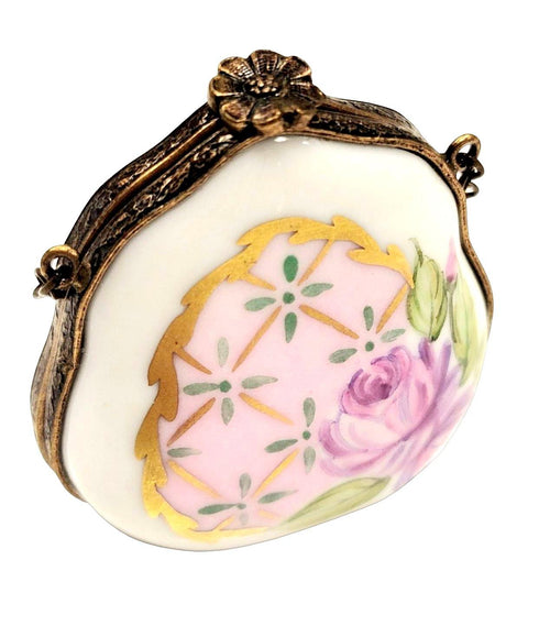 Purse Pink Rose w Special Antiqued Brass - One of a Kind Hand Painted Limoges Box Porcelain Figurine-purse trinket box limoges-CHPU20