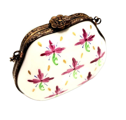 Purse Purple Green Flowers w Special Antiqued Brass - One of a Kind Hand Painted Limoges Box Porcelain Figurine-purse trinket box limoges-CHPU31
