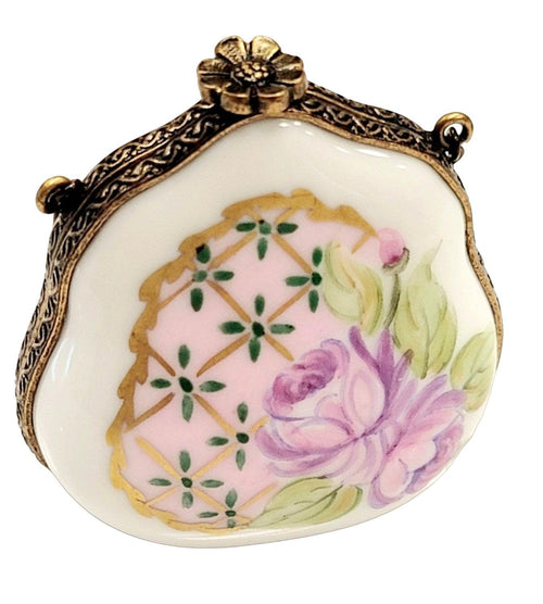 Purse Rose on Pink w Special Antiqued Brass - One of a Kind Hand Painted Limoges Box Porcelain Figurine-purse trinket box-CHPU29