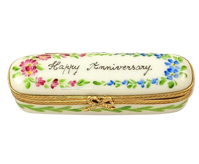 Oblong Happy Anniversary gift with elegant golden lettering and floral design