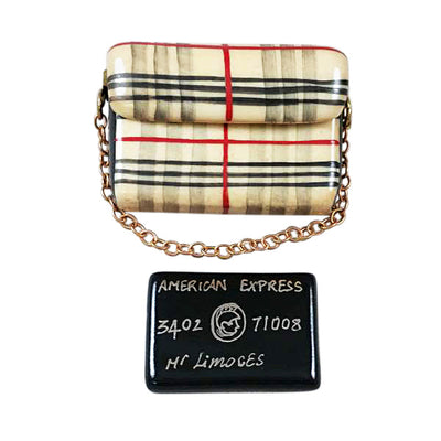 High-end fashion purse featuring a classic Burberry design and a prestigious black Amex card