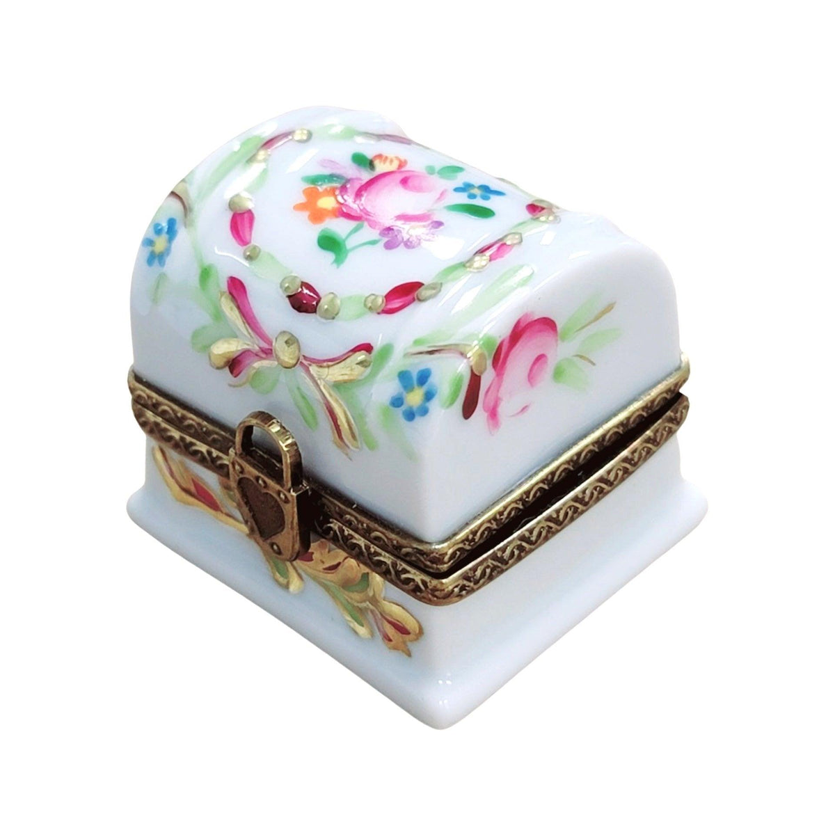 White Chest w Roses and Locket Clasp-traditional LIMOGES BOXES-CH3S109
