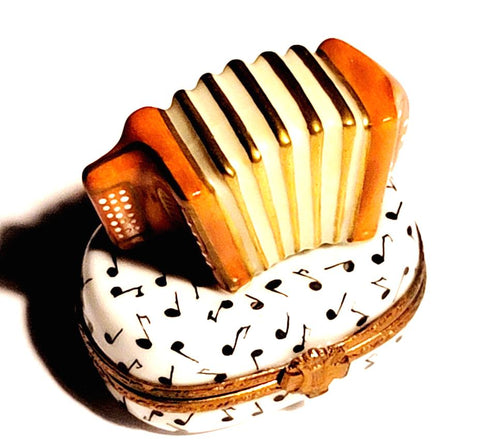 Close-up of a classic black and white accordion instrument on white background