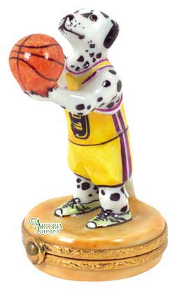 Adorable Dalmation dog holding a basketball, perfect for sports lovers