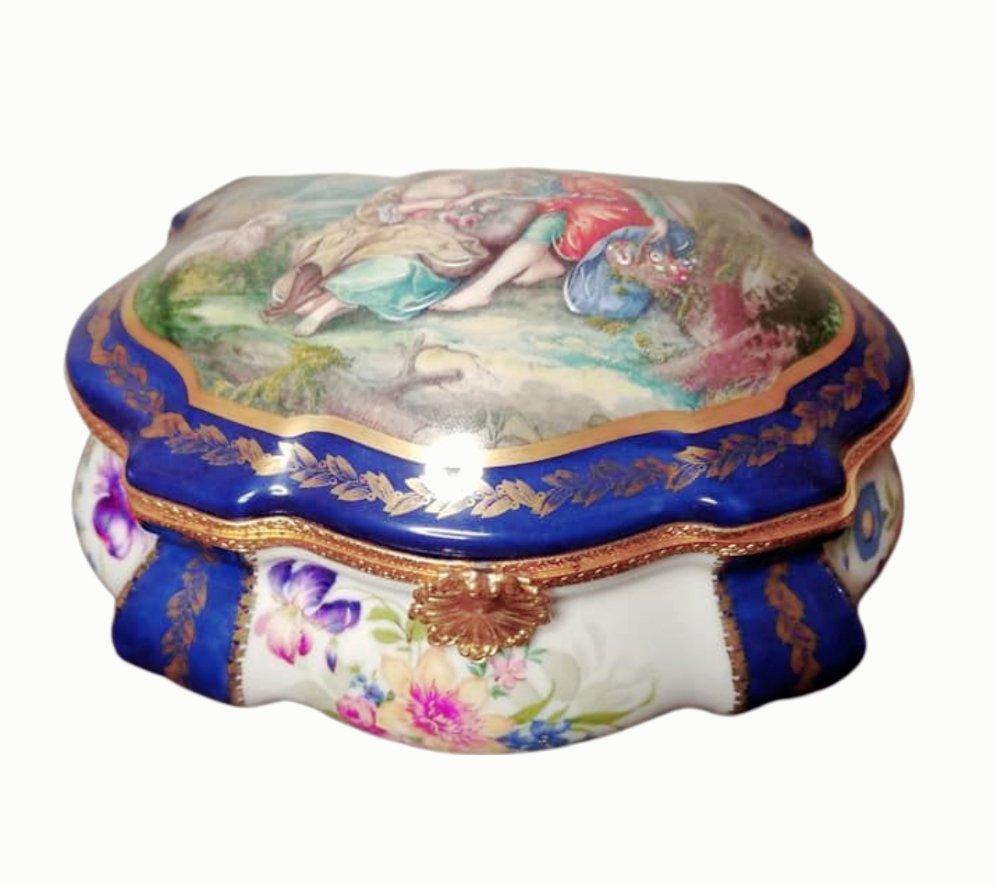 Blue Chest - 9" x 7" x 5" Jewelry Box Porcelain Figurine French Gifts Collectible - Limoges Box Boutique