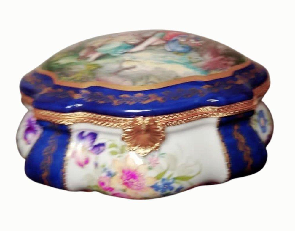 Blue Chest - 9" x 7" x 5" Jewelry Box Porcelain Figurine French Gifts Collectible - Limoges Box Boutique