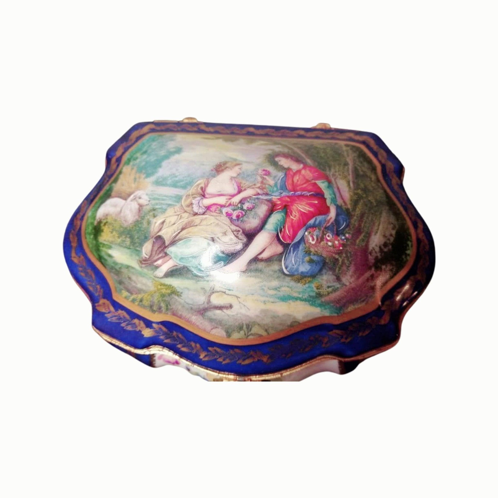 Blue Chest - 9" x 7" x 5" Jewelry Box Porcelain Figurine French Gifts Collectible - Limoges Box Boutique
