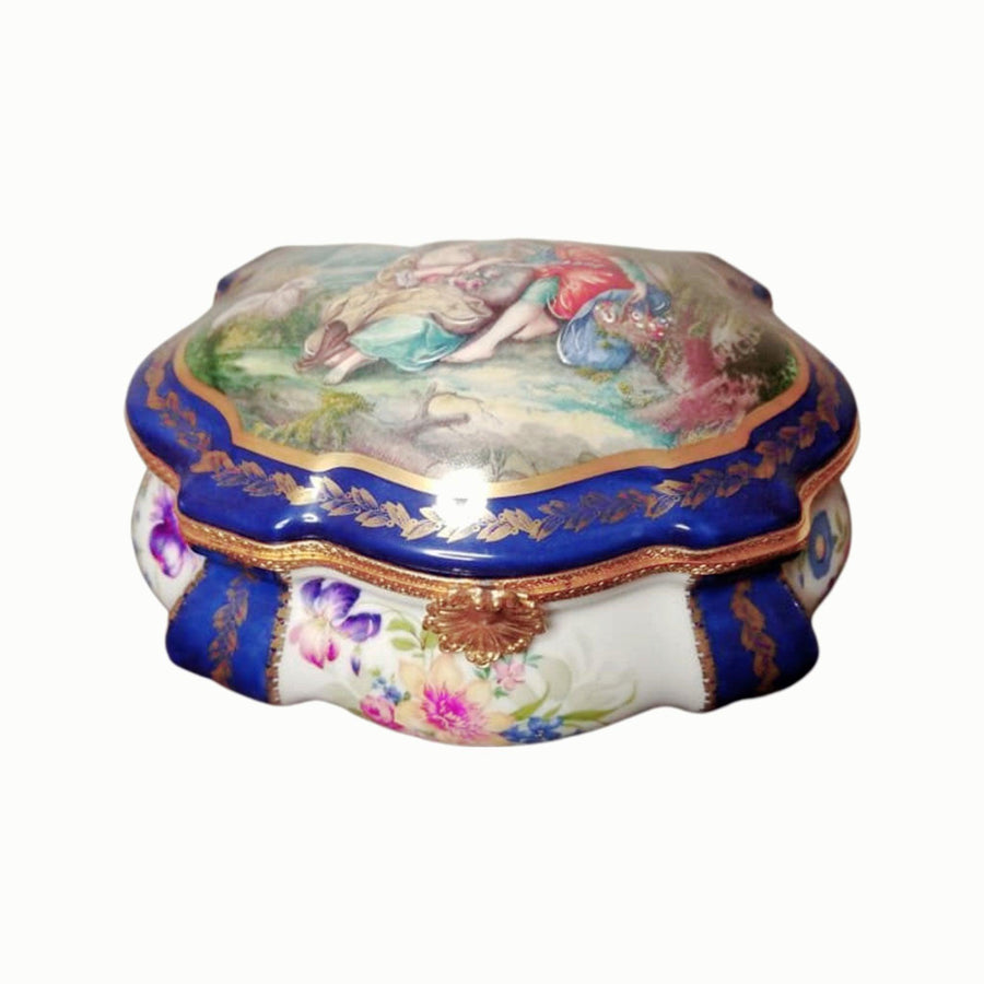 Blue Chest - 9" x 7" x 5" Jewelry Box Porcelain Figurine French Gifts Collectible - Limoges Box Boutique