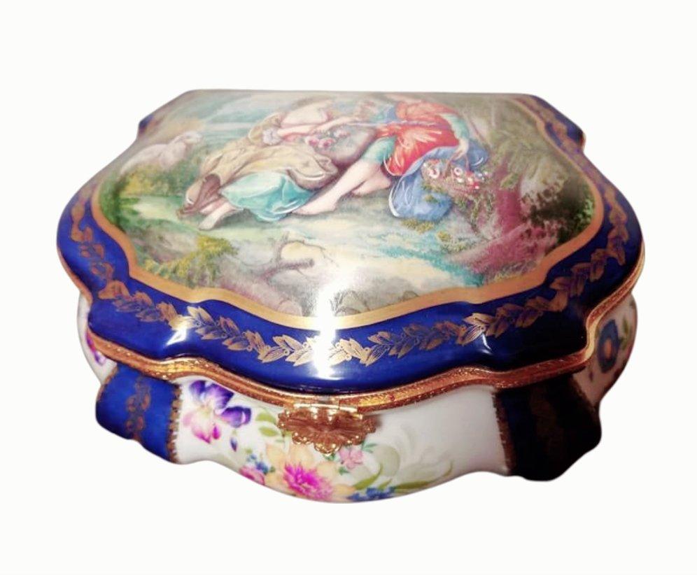 Blue Chest - 9" x 7" x 5" Jewelry Box Porcelain Figurine French Gifts Collectible - Limoges Box Boutique