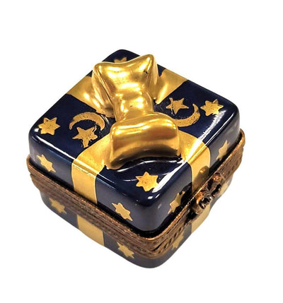 Blue Mini Moon Stars Present Gift Box Gold Bow Limoges Box Figurine - Limoges Box Boutique