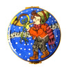 Child musician performing with a horn and drum in the snow