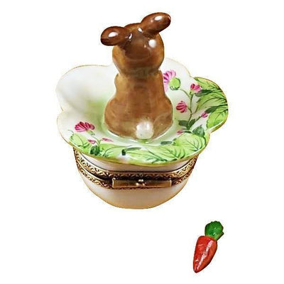 Brown Bunny on Leaf with Removable Carrot Limoges Box - Limoges Box Boutique