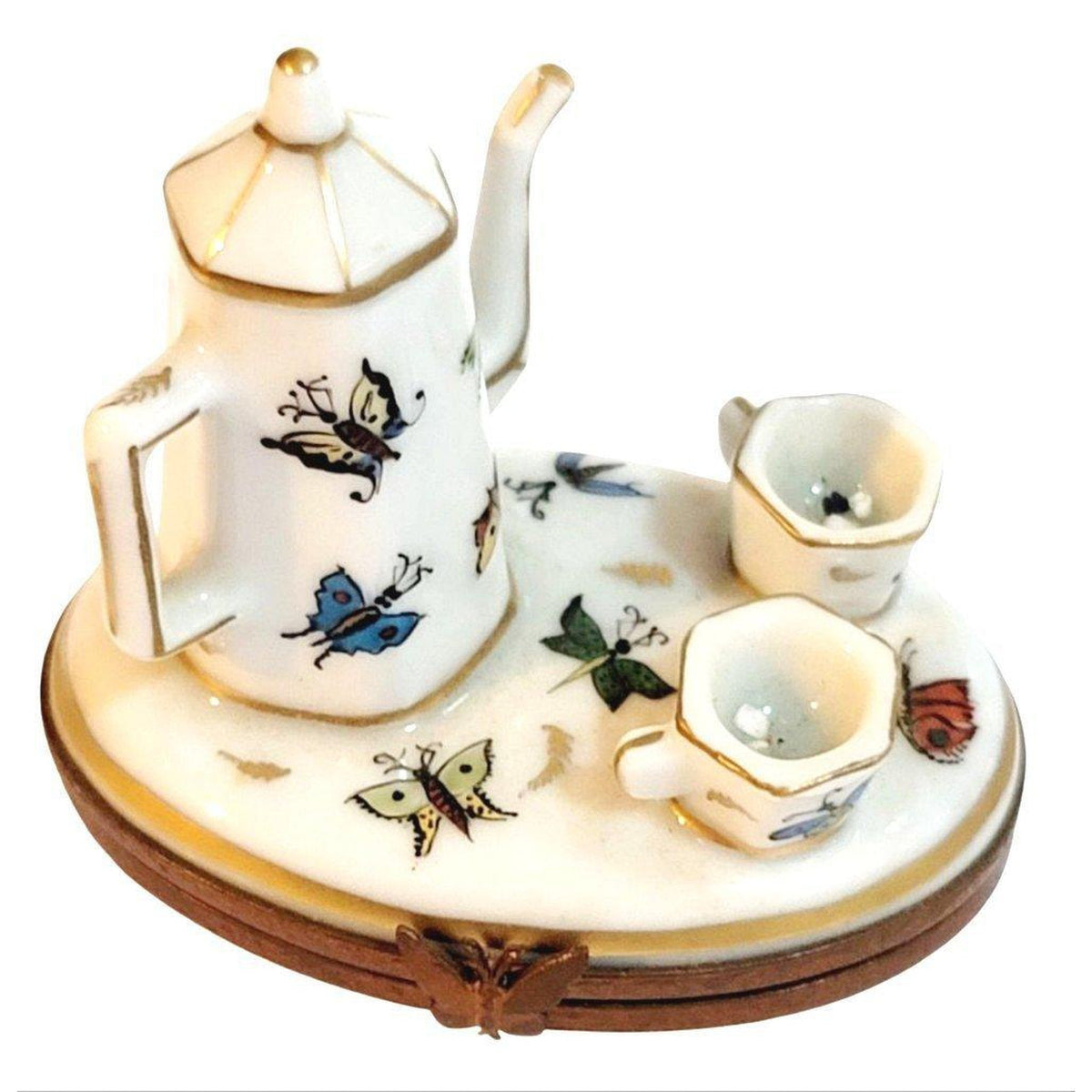 Butterflies White Tea Pot Set w Cups Butterfly Porcelain Limoges Trinket Box - Limoges Box Boutique