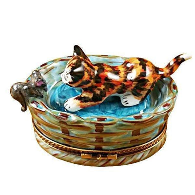 Cat in Basket with Mouse Limoges Box - Limoges Box Boutique