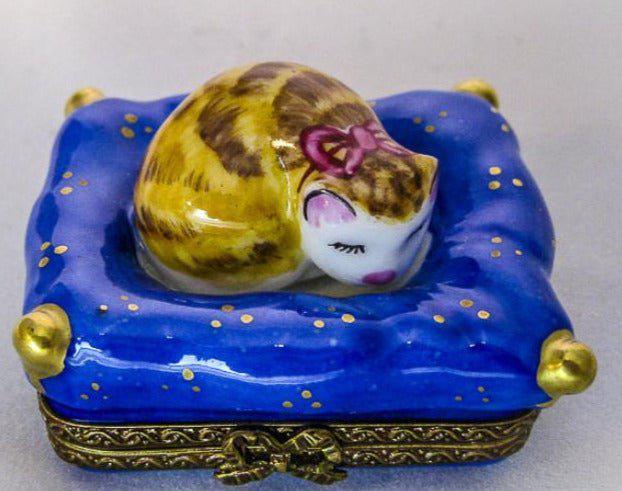 Cat Sleeping on Blue Pillow Porcelain Limoges Trinket Box - Limoges Box Boutique