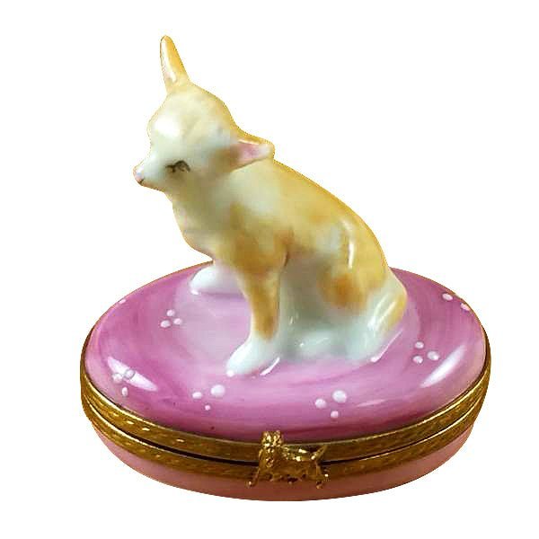 Chihuahua sitting on a pink base with a cute expression