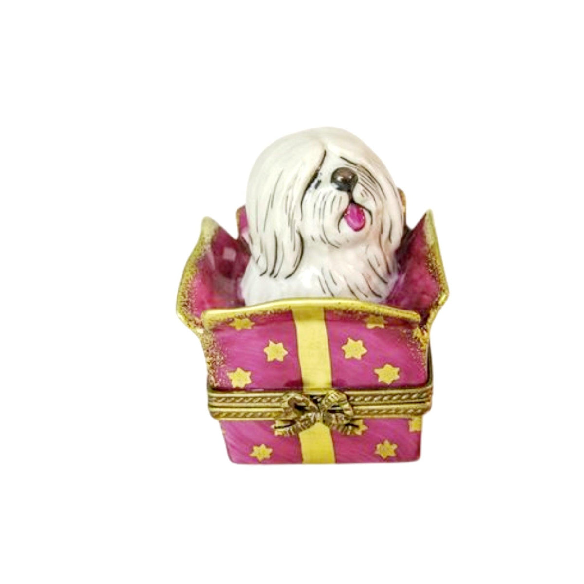Dog in Present Porcelain Limoges Trinket Box - Limoges Box Boutique