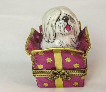 Dog in Present Porcelain Limoges Trinket Box - Limoges Box Boutique