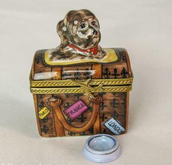 Dog in Travel Bag Porcelain Limoges Trinket Box - Limoges Box Boutique