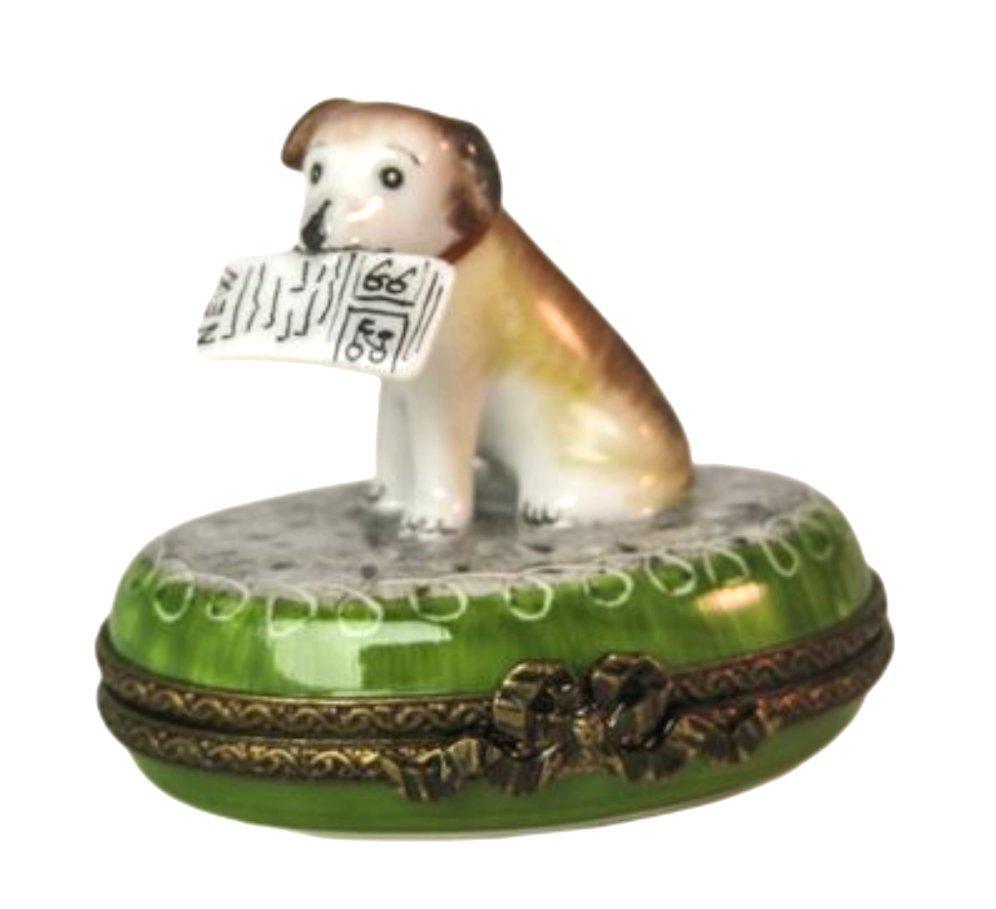 Dog w Newspaper Porcelain Limoges Trinket Box - Limoges Box Boutique