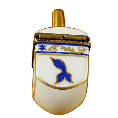 White Dreidel with Hebrew letters and decorative design