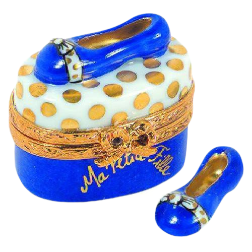 Bow Shoes: Blue w Gold Dots Limoges Boxes Limoges Box Figurine - Limoges Box Boutique