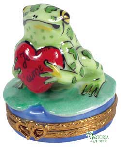 A whimsical and charming frog figurine, titled Frog - Je T'Aime, displaying a loving and endearing expression