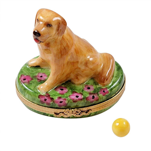 Golden Retriever on Flowers with Removable Ball - Limoges Box Boutique