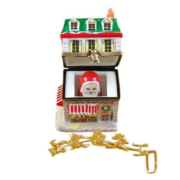 House with Santa and Brass Reindeer Limoges Box - Limoges Box Boutique