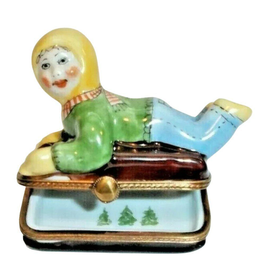 Kid on Sled Winter Sleigh Christmas Trees inside - Merry xmas Limoges Box Figurine - Limoges Box Boutique