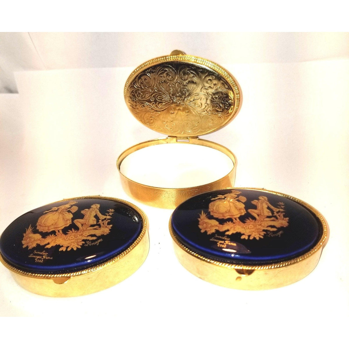 Lopsided Cobalt Blue round brass box (SITTING LOPSIDED - look close at picture) Gold Lovers Limoges Box Figurine - Limoges Box Boutique