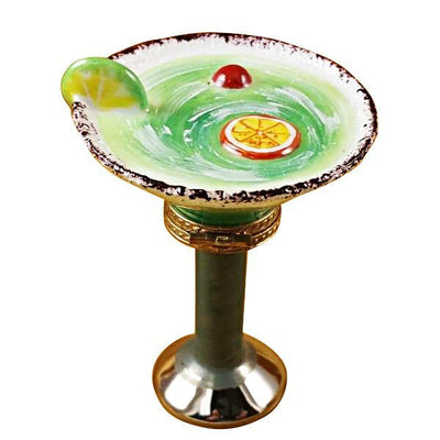 Clear glass Margarita Glass with salted rim and lime wedge