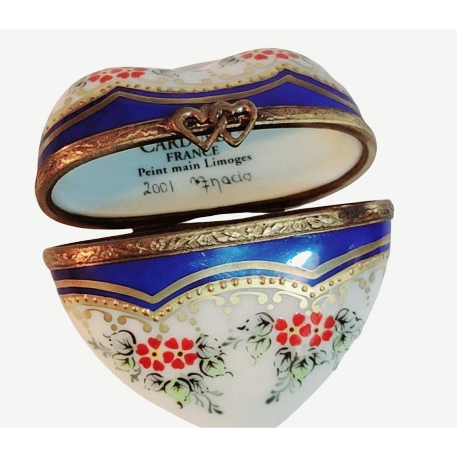 Medium Blue Gold Heart w Red Flowers Limoges Trinket Box - Limoges Box Boutique