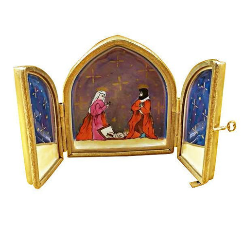 Nativity Triptych with intricate gold detailing and three-panel design 