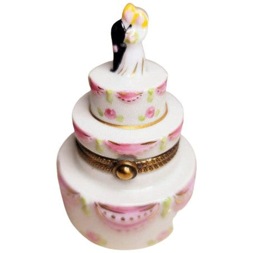 Blond Bride And Groom White Pink Wedding Cake Limoges Box Figurine - Limoges Box Boutique
