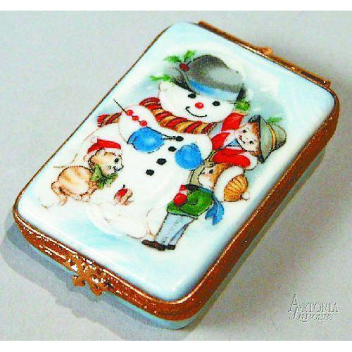 Flat Rectangle Snowman Decal Porcelain Limoges Trinket Box - Limoges Box Boutique