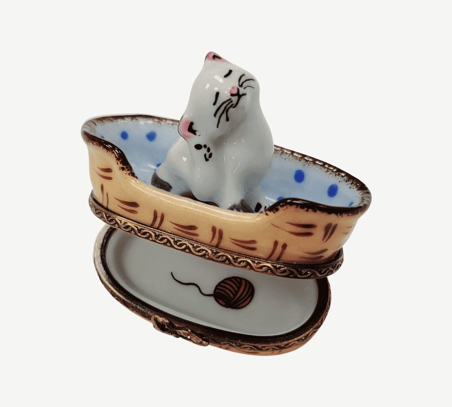 White Cat in Blue Basket with Limoges Box - Limoges Box Boutique