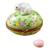 Rabbit holding a colorful Easter egg with pink flowers and green grass