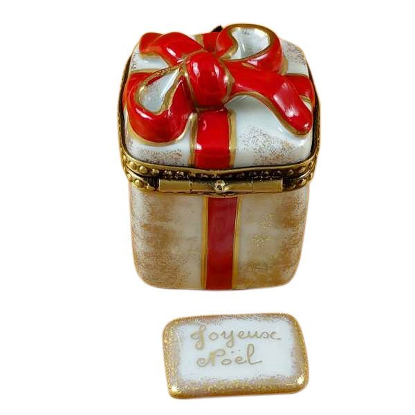 Festive red-ribbon Christmas gift box with a customizable plaque