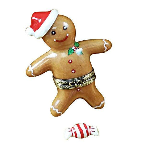 Santa Gingerbread Man with 3D Hat and Removable Peppermint Candy Limoges Box - Limoges Box Boutique