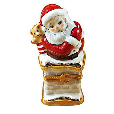 Santa-on-Chimney-decoration-in-white-and-red-attire-with-a-sack-of-gifts