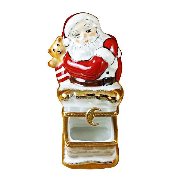 Festive-Christmas-decoration-of-Santa-Claus-on-chimney-with-reindeer-pulling-sleigh