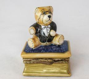 School Teddy Bear on Book Porcelain Limoges Trinket Box - Limoges Box Boutique