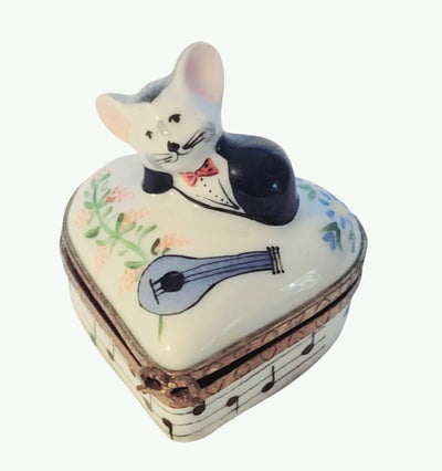 Cute white mouse playing a heart-shaped guitar