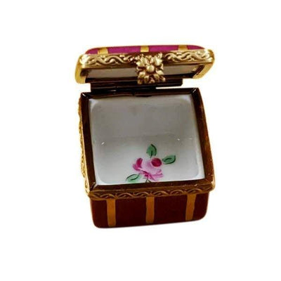 Small Burgundy Square with Gold Stripes and Flowers Porcelain Limoges Trinket Box - Limoges Box Boutique