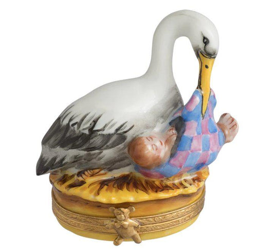 A beautiful stork holding a cute baby in its beak